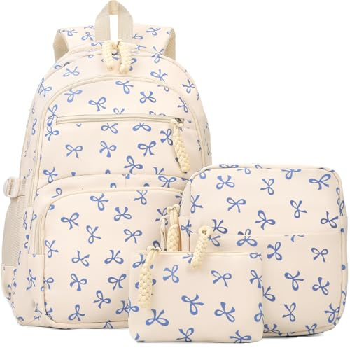 jingyuKJ Coquette Backpack Set, Cute Kawaii Aesthetic Daypack Bow Rucksack (A02 Bow Blue)