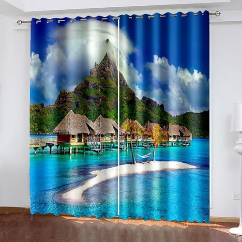 Lirzxin Gardinen Verdunklung 244 cm Lang, Vorhänge Blickdicht mit Ösen 2er Set Blau Grün Braun Berg Meer und Ferienhäuser Landschaft Vorhang für Wohnzimmer Schlafzimmer, 234x244 cm(BxH)