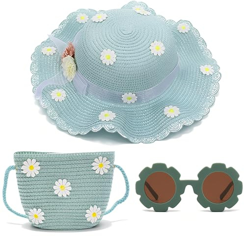 KDFSSIPE Cappello da Spiaggia Estivo Set di Borse Cappello di Paglia con Fiori Occhiali da Sole Cappello da Sole per Ragazze Adolescenti Turismo Vacanze Spiaggia attività All'aperto (Verde)