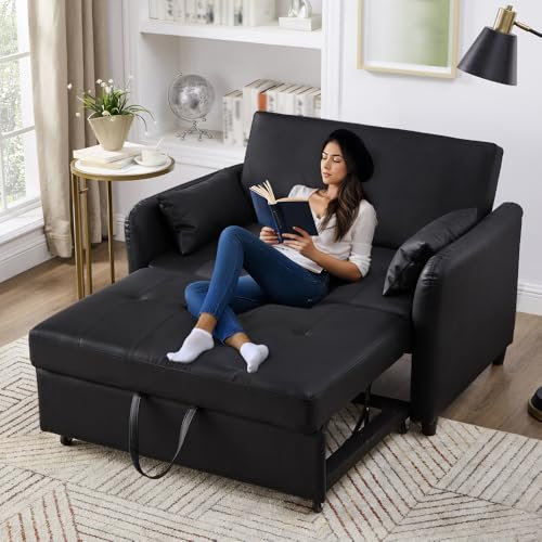 Zubaliya Multifunktionales Schlafsofa mit Liegefunktion, ausziehbares Zweisitzer-Sofa, Rückenlehne auf 3 Ebenen, wasserabweisendes PU-Material, leicht in ein Bett umwandelbar