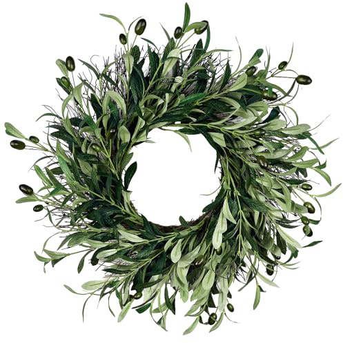 Artificial Green Olive Wreath - 40cm Front Door Olive Wreath Decoration,Lifelike Olive-Wreath for Indoor & Outdoor All-Year Decor,Farmhouse,Wedding,Seasonal Home Wreaths Decor