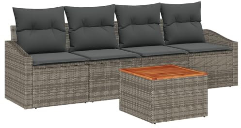 vidaXL Gartensofa-Set mit Kissen 5 pcs Grau Poly-Rattan, Stilvolle, Moderne, UV-beständige Materialien für Gartenmöbel, Rattan-Sofa, modulare Lounge-Stühle, Terrassenmöbel