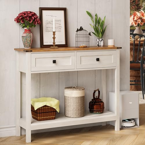 Trironsun mesa consola rústica con 2 cajones para pasillo, mesa de sofá rústica con estante abierto, pasillo de madera para dormitorio y sala de estar (blanco antiguo)