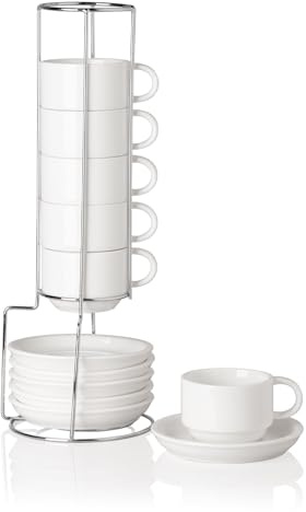 Sweejar Home Lot de 6 tasses à expresso et soucoupes empilables en porcelaine avec support en métal pour latte, café, moka, thé 120 ml (blanc)