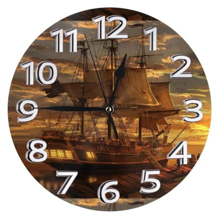 SMSJTMWHN Orologio da parete rotondo con numeri e navi pirati, design silenzioso senza ticchettio, ecologico e personalizzabile per cucina, ufficio, classe, 25,4 cm