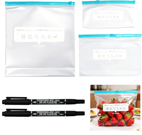 Bolsas Congelacion (90 Unidades), Buenas Bolsas con Cierre Zip, Con 2 Marcadores de Aceite de Doble Cara (40 Pequeñas, 30 Medianas Y 20 Grandes), Ideales Para Almacenar y Organizar Alimentos