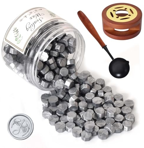 Siegelwachs Perlen Set, Siegelwachs Metallic Silber, 200 Stück Wachsperlen Siegel mit Wachssiegel Ofen und Löffel, Wachs Achteckig Wachssiegel für Siegelst