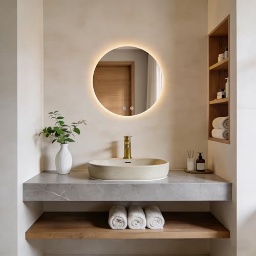 ANNWA Badspiegel mit Beleuchtung Rund, Wandmontage, Touch-Schalter, LED Spiegel mit 3 Lichtfarben Dimmbar, Memory-Funktion, Beschlagfrei, LED Wandspiegel 50x50 cm (NHYJ502D)