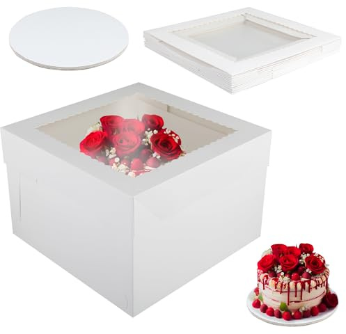 Set de cajas para tartas QinOustore 12x12x8 pulgadas (30x30x20 cm) – 5 piezas de caja para tartas alta con ventana de visión y 5 piezas de base para tartas de 2 mm de 12 pulgadas, caja para pasteles y