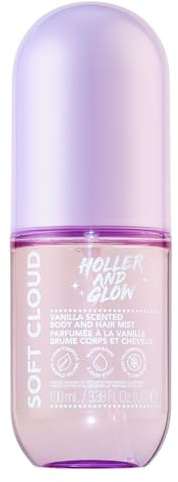 Holler And Glow Mood Boosting Soft Cloud Body & Hair Mist, Body Spray, Teen Girls Spritz, Long Lasting, Vanilla, Sweet Scented, Water Based Fragrance For Tweens, Clean Gentle Formula, 100 ML | Spritz a sweet blend of warm vanilla, coconut, amber. Gentle water-based formula keeps skin and strands shiny, not sticky.