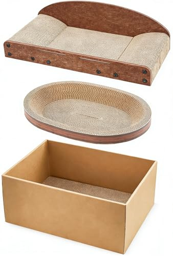 Avont Rascador Gatos 5 en 1 – Set Cartón Ondulado (Alfombra + Cama + Caja + Lounge + Bola Juguete) – para Gatos de Interior – Protege Muebles & Entretenimiento Felino