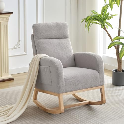 Garvee Schaukelstuhl, Gepolsterter Stillsessel Schaukelsessel Stillstuhl Mit Holzbeinen & Seitentaschen, Hochlehner Stillen Sessel Weiße Lammfell, Für Wohnzimmer, Schlafzimmer, Babyzimmer