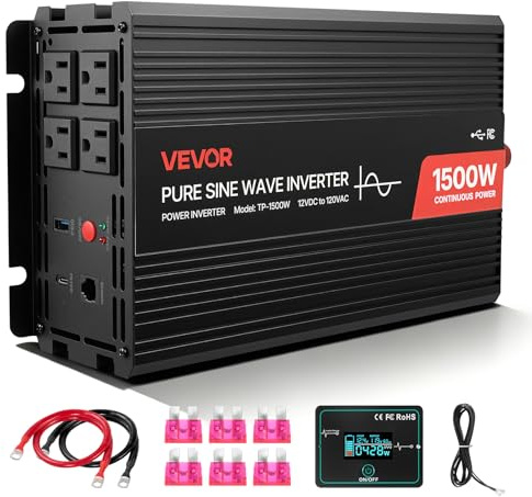 VEVOR Convertisseur Pur Sinus CC 12 V vers CA 230 V Onduleur Sinusoïdal Pur 1500 W, avec Télécommande Filaire, Port USB et Type-C, 2 Prises CA, pour Alimenter Appareils Camping, Camping-Car, Voiture