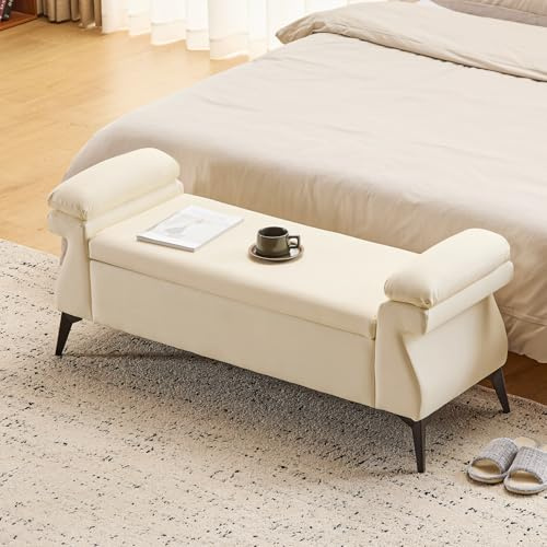 Ckaff Banc Bout de lit Banquette, Coffre de Rangement Ottomane Repose-Pieds Rembourré Pouf Pliable Banc de Chaussures 128 x 44 x 53 cm, Repose-Pieds pour Entrée Salon Chambre à Coucher, PU, Beige