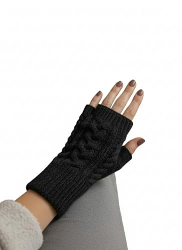 Leo Design Handgelenkwärmer mit Zopfmuster, superweiche Lammwolle und Alpaka-Mischung, fingerlose Handschuhe für Damen, Zubehör für kalte Jahreszeit, Einheitsgröße, Schwarz , Einheitsgröße