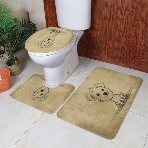 Badezimmerteppich Set 3 Teilig Niedlicher Gelber Hund WC Teppich Schnell Trocknend Badvorleger rutschfest Badgarnitur 3 Teilig Stand WC Waschbar Bad Teppiche Set Dekoration 50x80 cm