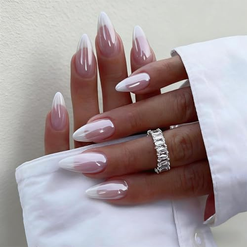 KQueenest Weiß Press On Nails French Tip - Chrome Künstliche Nägel zum Aufkleben French, Sparkle Natürlich Rosa Fake Nails Almond, Glänzend Acryl Nägel Press ons für Damen Hochzeit, 24 Stück