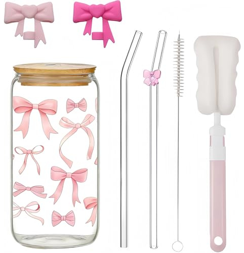 nuneoeuo 7 Pcs Bow Glass Cup Set, Glass Straws Drinking Cup Glass Cups with Lids and Straws Set, Cute Mugs Suitable for Put Juice Milk Tea and Iced Coffee Cup