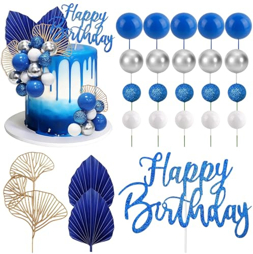 Bolas Azules y Plata Blanco para Decorar Tartas 24 Piezas Cake Topper Happy Birthday Hojas de Ginkgo Hoja de Palmera para Festa di Compleanno, Matrimonio, Festa a Tema
