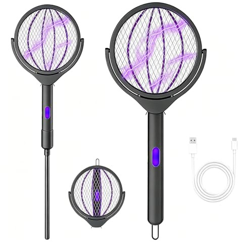 Elektrische Fliegenklatsche Ausziehbar, 2800V Fliegenfänger Elektrisch, Fliegenklatsche Elektrisch mit Verlängerungsstab, 90° Drehkopf & Klappnetz, UV Licht, USB-C, Mückenklatsche Elektrisch