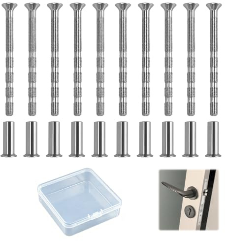 10 tornillos de conexión con tuerca de manguito, caja transparente, 11 x 8,5 x 1,5 cm, tornillos de manguito para tiradores de puertas, armarios y muebles de madera, juego de tornillos M4 plateados