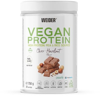 Weider Vegan Protein (750g) Chocolate Avellana, Proteína 100% Vegetal de Guisante (Pisane) y Arroz, Con Vitamina B12, Fruta del Monje y Stevia, Sin Azúcar, Sin Gluten, Sin Lactosa, Bote 50% Reciclado