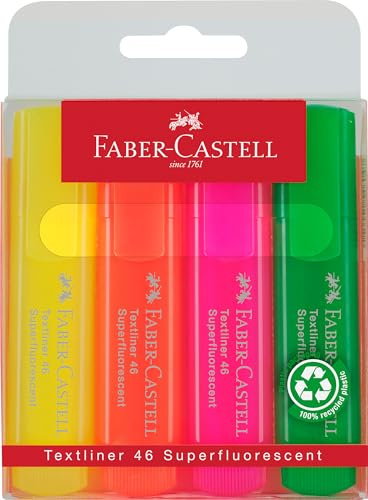 Faber-Castell 154604 - Textmarker Set TL 1546, 4er Etui, Neon Farben, mit langlebiger Keilspitze, Strichbreite 1-5 mm, nachfüllbar