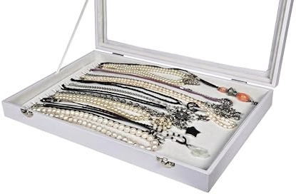 Yudu Schmuckkasten Schmucklade Schaukasten Schmuckdisplay Glasdeckelfür Lange Ketten Armbänder Halsketten Glasdeckel Weiss