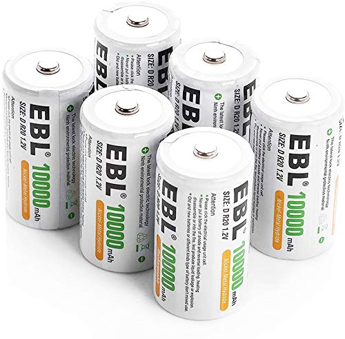 EBL 6 Counts D Rechargeable Batteries 10000mAh High-capacity D Size NiMH Batteries with Durable Storage Case for D Cell Rechargeable Batteries