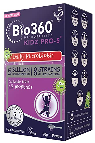 Natures Aid Bio360 Kidz Pro-5 Daily Microbiotic Powder 90g for Children 12 months to 12 years - 5 Billion Friendly Bacteria - Sugar Free Vegan Non-GMO Gluten-Free