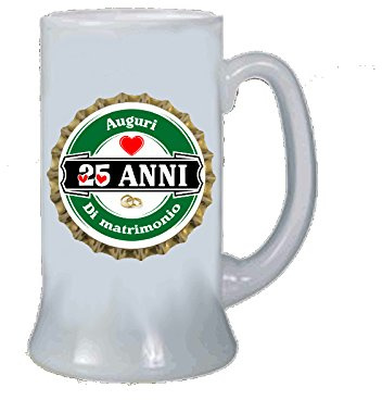 Regali Pazza idea Boccale Birra Decorato 25 Anni - 500ml - Vetro - Elegante e Personalizzato - Festeggiamenti