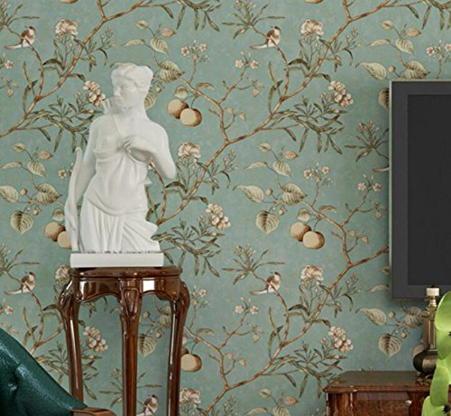 CCFENG PVC-Tapete Vintage Alten Vogel Tapete Muster Schlafzimmer Wohnzimmer Hintergrund Vliestapete Pastoralen Tapeten High-End-Aufkleber,LightBlue