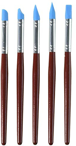 5 pinceles de silicona para pintar con punta de goma azul flexible, mango de madera rojo