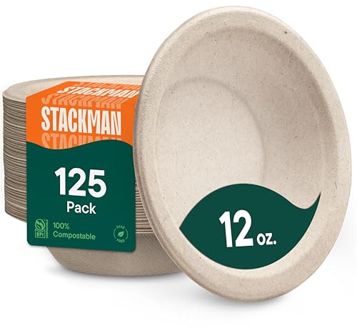 Stack Man Paper Bowls, 100% Compostable Disposable Soup Bowl [125-Pack] 12 oz. Heavy Duty, Eco-Friendly, Biodegradable Bagasse Hot Food Plates and Bowls - Natural Brown (BPI Certified) (PFAS-Free)