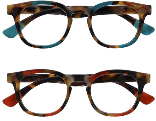 OPULIZE Ava Reading Glasses 2 Pack Flattering Rounded Frame Spring Hinges Scratch Resistant Brown Tortoiseshelll Turquoise Red Mens Womens RR62-QZ +3.50