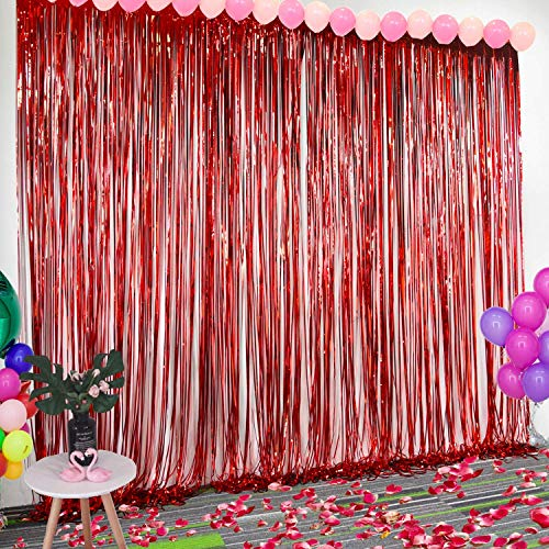 BangShou 4 Pack Cortinas de Malla Metálica 1m x 3m Cortina de lámina Franjas Decoración Fondopara Fiesta de Cumpleaños para Ventanas Puertas Paredes (Rojo)