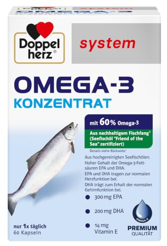 Doppelherz system OMEGA-3 KONZENTRAT | Mit 300 mg EPA und 200 mg DHA pro Kapsel als Beitrag für die normale Gehirn- und Herzfunktion - 60 Kapseln