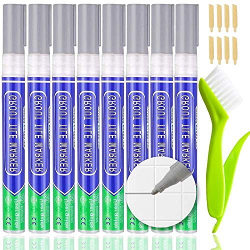 KOOLPUG 8 x Fugenstift Fugenmörtel Fliesen Stift Fugen Reparatur Marker Für Badezimmer Küche Marker mit hoher Deckkraft Wasserfest mit Reiniger Bürste und Ersatzspitze 4 Farben(hellgrau)