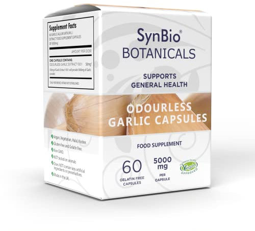 SynBio Botanicals - Odourless Garlic Capsules 5000mg | Vegan | Made in The UK | Gluten Free | Non GMO | Soy Free | Nut Free | Kosher (KLBD) | Halal | Supports General Wellbeing