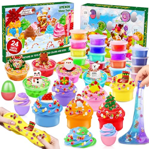 Christmas Advent Calendar 2025 with Slime for Kids, 24 Days Christmas Countdown Calendars Non-Sticky Crystal Clear & Butter Slime Stress Relief Toys for Boys Girls Toddler Xmas Stocking Stuffers Gifts
