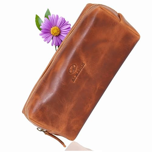 ALMADIH Leder Damen federmäppchen - Kosmetiktasche Federmappe MAX braun - praktische Damen Stiftetasche Stifteetui Lederetui Mäppchen Lehrer Etuie Federtasche Banktasche Braun (MAX Deluxe)