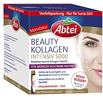 Abtei Beauty Kollagen Intensiv 5000 - für natürliche Schönheit von innen - hochdosiert, 5000 mg Kollagen-Peptide, Hyaluronsäure, Zink und Vitamin C – zuckerfrei - Monatspackung, 30 Trinkampullen