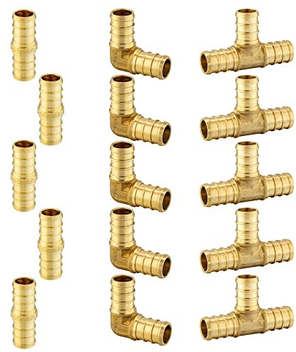 EFIELD - Confezione da 15 raccordi a crimpare in ottone Pex da 1,9 cm, misti: T, gomito e raccordo (5 pezzi/ciascuno), ASTM F1807