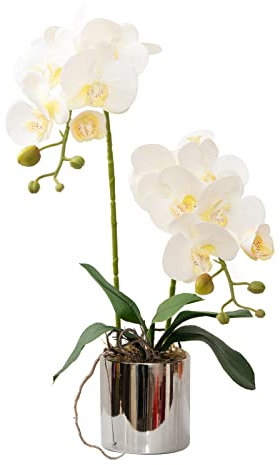 Artificial Orchid Flowers White Faux Orchids with Ceramic Vase Vivid Fake Phalaenopsis Flower Arrangement Gorgeous Artificial Plants for Office Desk Wedding Party Exhibition Center & Home Table Decor