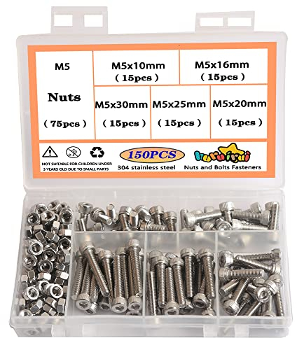 huruirui M5 Nuts And Bolts Set 304 Stainless Steel Hex Socket Head Cap Screws Rustproof,Nuts and Bolts Assortment for Car and Boat Accessories Machine Screw 150pcs