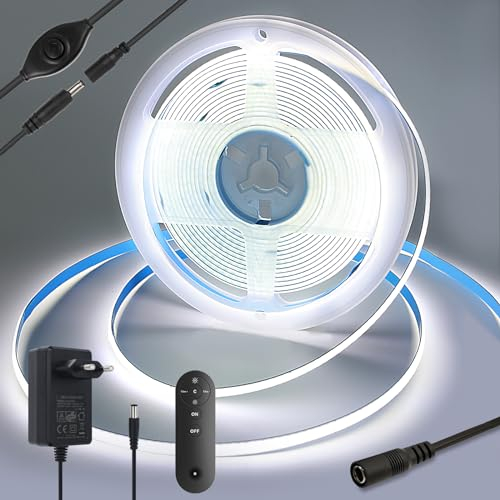 Yamlten LED strip 2m 12V COB LED Streifen mit RF Fernbedienung, Netzadapter,6000k Kaltes Weiß,320 LEDs/M Dimmbar LED Strip,LED Band für TV Hintergrundbeleuchtung,Computer,Schrank,Schlafzimmer.
