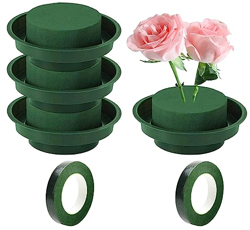 Midyrrg 6 Pcs DIY Floral Foam Kit With 4 Bowls & 2 Tapes - Green Wet Cylinder With Trays for Fresh & Artificial Flower Decoration Wedding