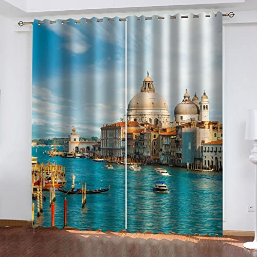 Verdunkelungsvorhang Ösen 2 Stück 160X210cm(HxB) Gardinen Mit Kälteschutz & Wärmeisolierend Wohnzimmer 3D Wasserstadtlandschaft Von Venedig Muster Thermovorhänge Für Modern Schlafzimmer Kinderzimmer