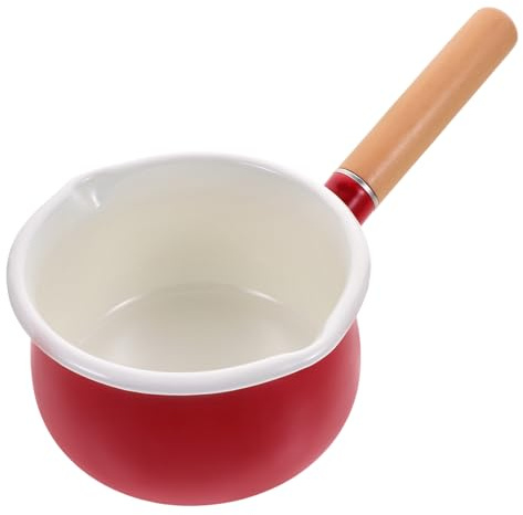 GOOHOCHY Pot de Lait Émaillé Rouge Manche en Bois, Casserole à Lait Antiadhésive Facile à Nettoyer pour Sauces et Complément Alimentaire Bébé, Compatible Induction