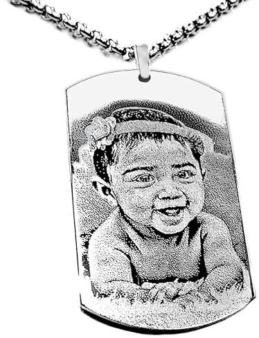 Collier avec médaillon photo personnalisé | Pendentif rectangulaire ou cœur Gravure photo et texte au dos en acier inoxydable pour homme ou femme | Photogravure